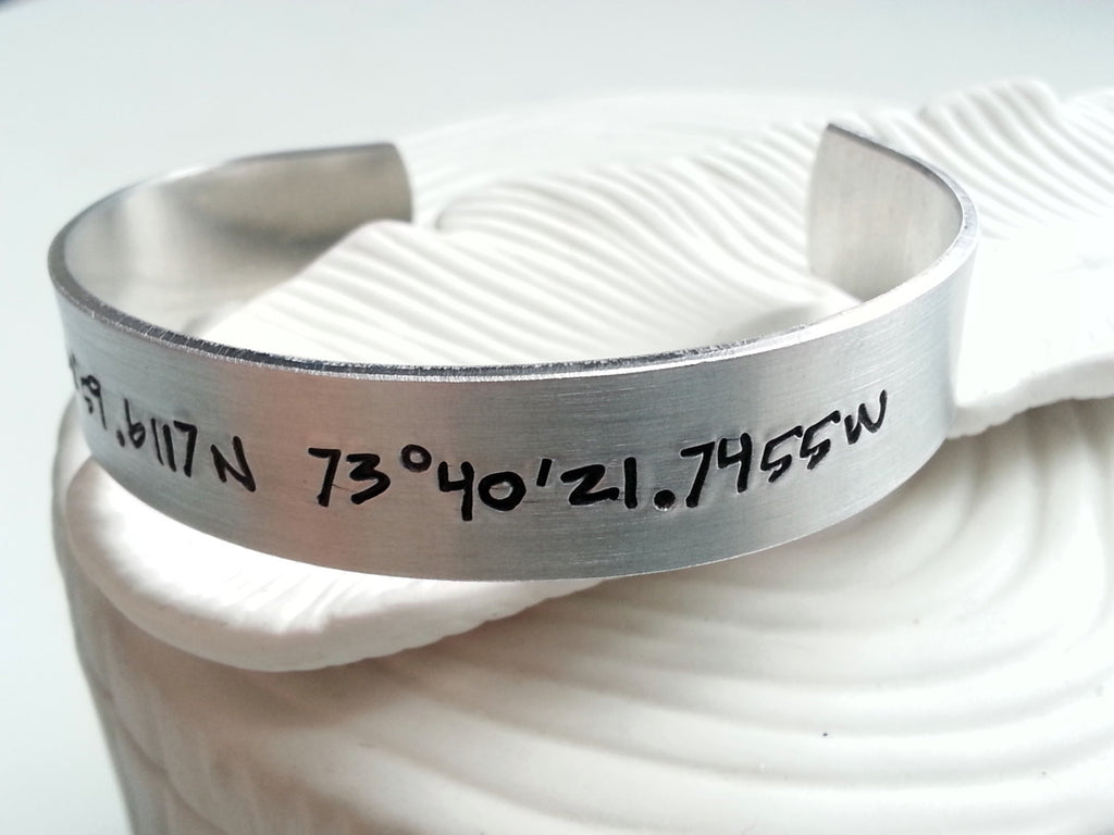 Latitude and Longitude Wide Cuff Bracelet - Graffiti Text Cuff - Personalized, Hand Stamped Bracelet - Valentine's Day Gift
