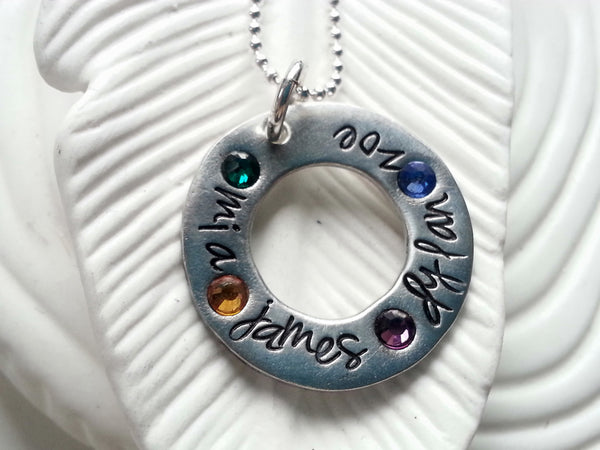 Mother's Necklace - Hand Stamped, Personalized Birthstone Washer Necklace - Grandmother's Necklace - Gift for Her - Child's Name Necklace