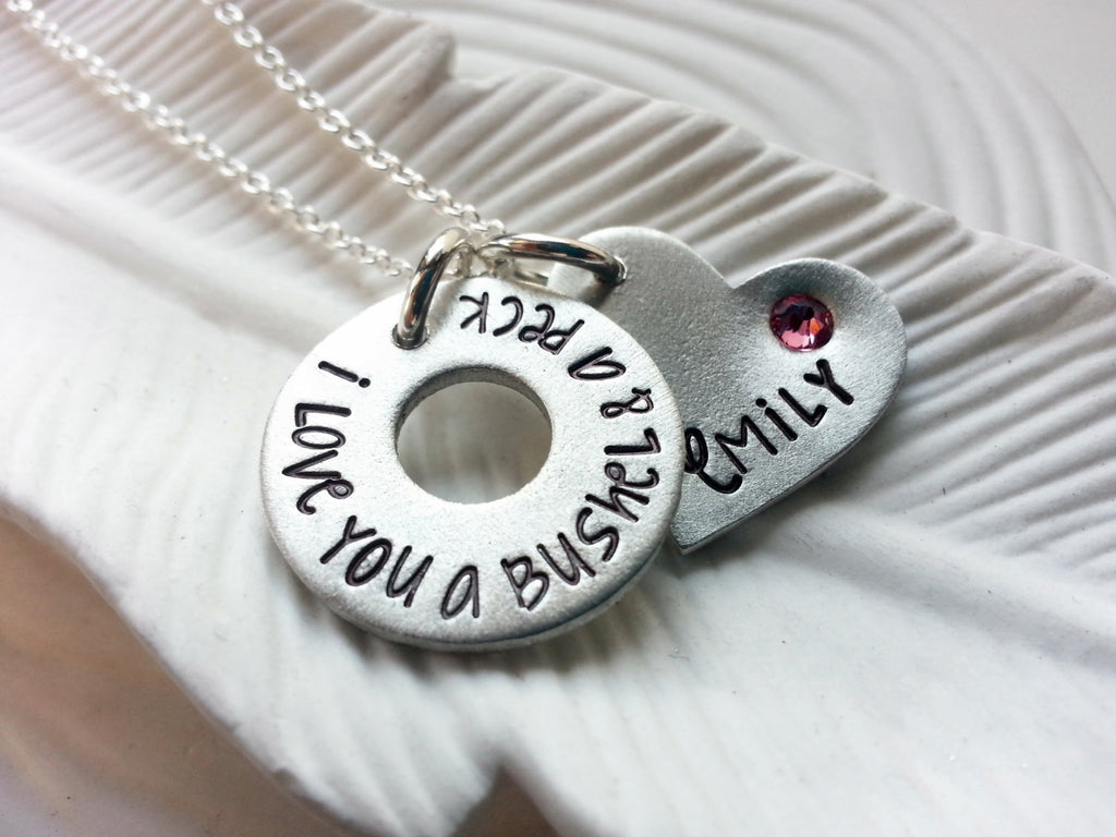 I Love You A Bushel & A Peck Necklace - Birthstone Washer and Heart Necklace- Mother's Necklace- Hand Stamped, Personalized- Valentine's Day