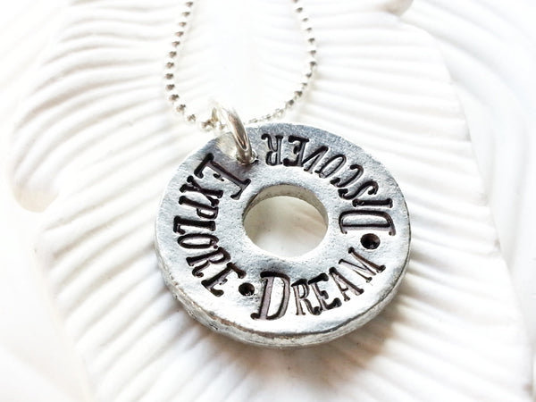Explore. Dream. Discover - Hand Stamped Mark Twain Quote Washer Necklace - Motivational Jewelry - Personalized Jewelry - Gift for Her
