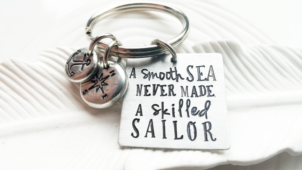 A Smooth Sea Never Made a Skilled Sailor Keychain - Anchor Keychain - Compass Keychain - Motivational Gift - Inspirational - Gift for Him