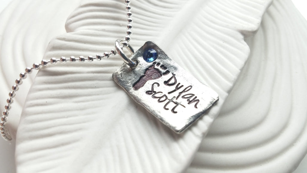 Birthstone Mother's Necklace- Hand Stamped, Personalized Mother's Jewelry - Stamped Birthstone Name Necklace - Footprint Jewelry