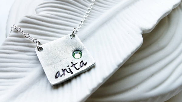 Birthstone Square Bar Necklace - Rustic Necklace with Birthstone - Personalized Name Necklace - Hand Stamped, Personalized Gift for Her