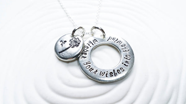 Wish Necklace - Dandelion Hand Stamped, Personalized Jewelry - Wish Quote - Gift for Her - Flower Charm Necklace