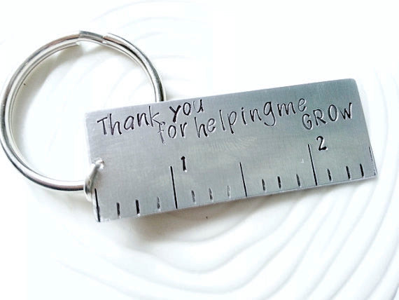 Personalized, Hand Stamped, Customized Key Ring - Teacher's Gift - Teacher Appreciation - Thank You For Helping Me Grow Ruler Keyring