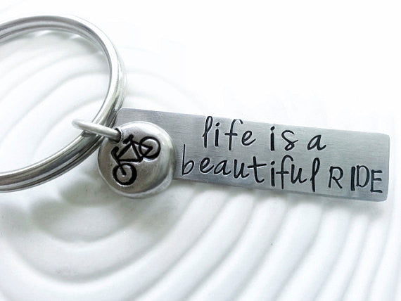 Personalized, Hand Stamped Bicycle Key Chain - Life is a Beautiful Ride Key Ring - Customizable Keychain