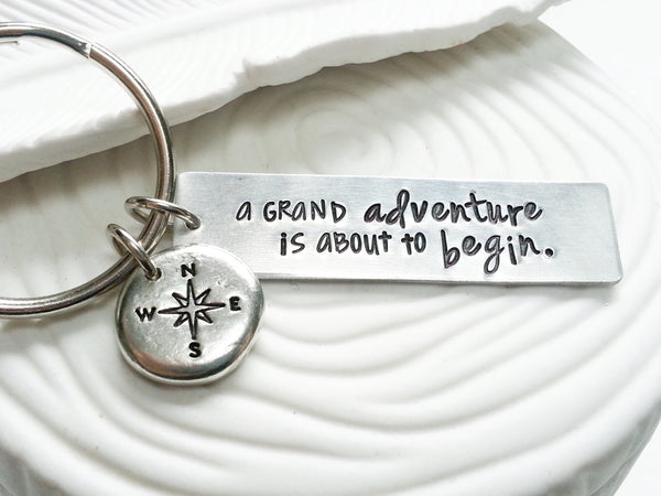 A Grand Adventure Is About to Begin - Winnie the Pooh Quote - Hand Stamped, Personalized Compass Keychain - Graduation Gift