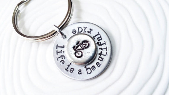 Personalized, Hand Stamped Bicycle Key Chain - Life is a Beautiful Ride Key Ring - Customizable Keychain