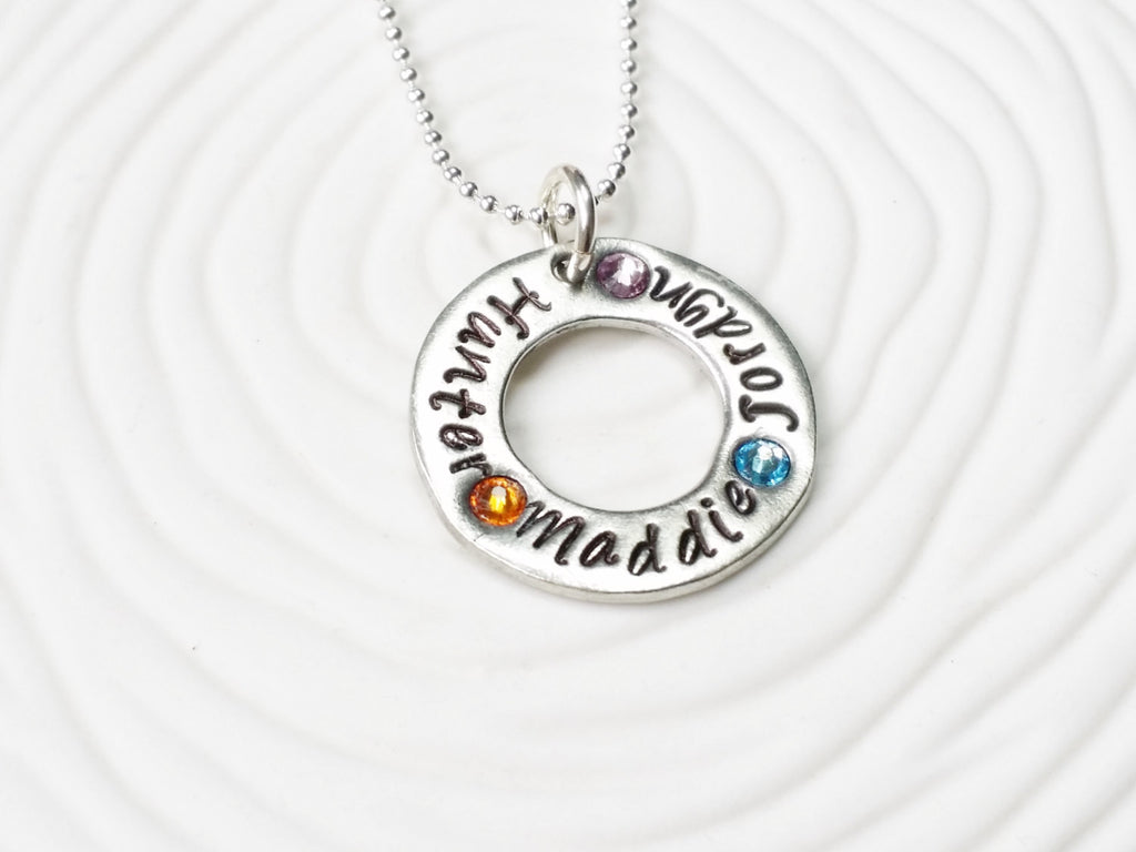 Mother's Necklace - Hand Stamped, Personalized Birthstone Washer Necklace - Grandmother's Necklace - Gift for Her - Child's Name Necklace
