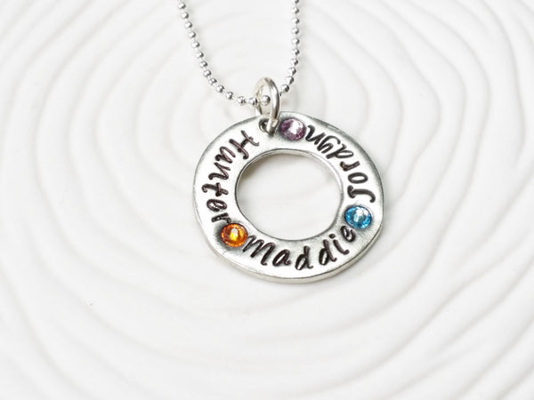 Mother's Necklace - Hand Stamped, Personalized Birthstone Washer Necklace - Grandmother's Necklace - Gift for Her - Child's Name Necklace