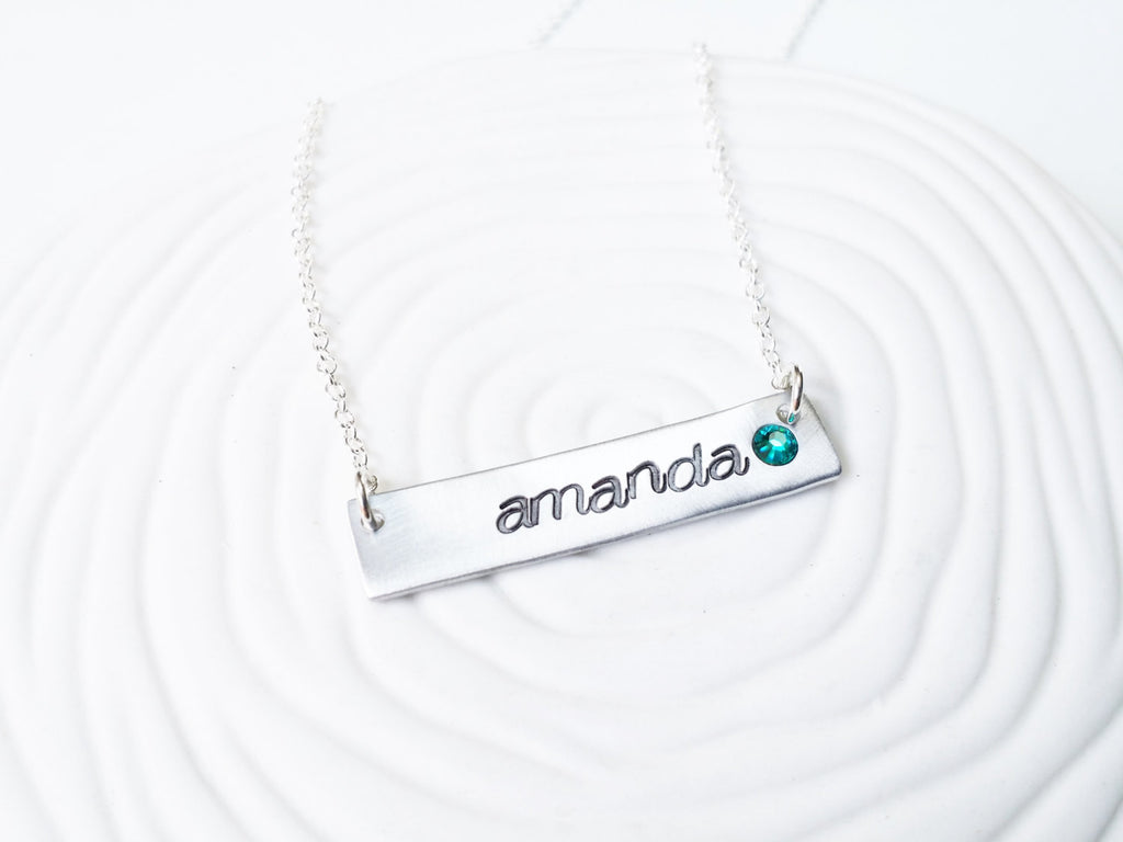 Birthstone Bar Necklace - ID Name Necklace with Birthstone - Personalized ID Bar Necklace - Hand Stamped, Personalized Gift for Her