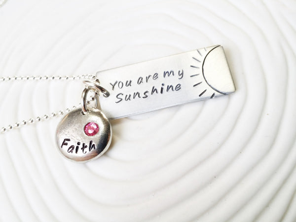 You Are My Sunshine - Hand Stamped, Personalized Jewelry - Name and Birthstone Necklace -Mother's Necklace -Birthstone Jewelry -Gift for Mom