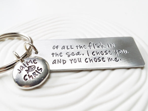 Couples Hand Stamped, Personalized Keychain - Of All The Fish In The Sea - Beach Lover's Keychain - Fish Keychain - Gift for Him -