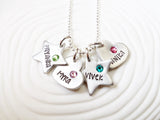 Hand Stamped, Personalized Birthstone Mother's Hearts and Stars Necklace - Mother's Necklace - Grandmother's Necklace- Mother's Day Gift