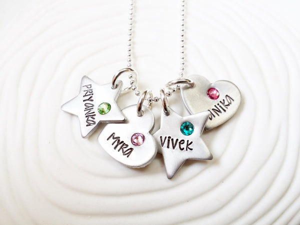 Hand Stamped, Personalized Birthstone Mother's Hearts and Stars Necklace - Mother's Necklace - Grandmother's Necklace- Mother's Day Gift