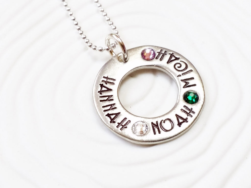 Mother's Necklace - Hand Stamped, Personalized Birthstone Washer Necklace - Grandmother's Necklace - Gift for Her - Child's Name Necklace