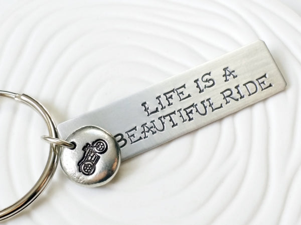 Personalized, Hand Stamped Motorcycle Key Chain - Life is a Beautiful Ride Key Ring - Customizable Keychain - Motorcycle Keychain