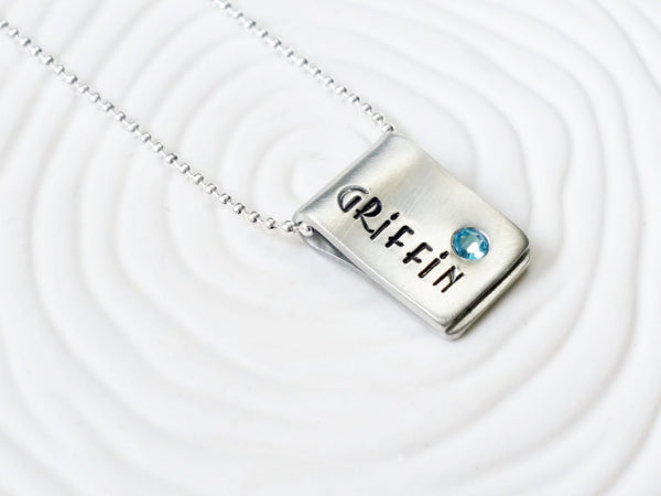 Fold Over Name Tag Necklace | Birthstone Name Jewelry