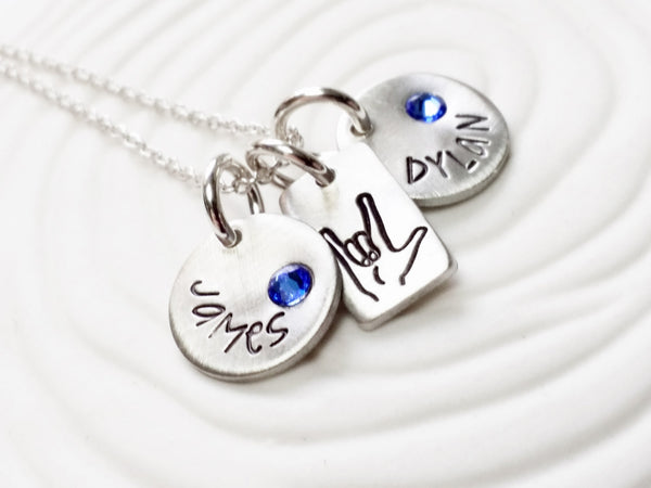 ASL I Love You Necklace - Mother's Necklace - Hand Stamped, Personalized Jewelry - Child's Name Necklace - Gift for Mom - Gift For Her