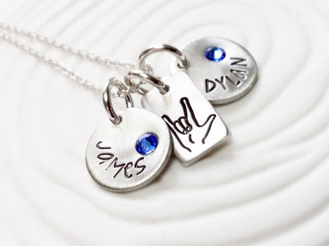 ASL | I Love You Necklace | Sign Language | Birthstone Name Necklace