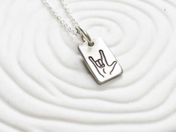 Itty Bitty Jewelry - Hand Stamped I Love You or Image Necklace - Dainty Tag Necklace -Sign Language - Delicate Tag Necklace - Gift for Her -