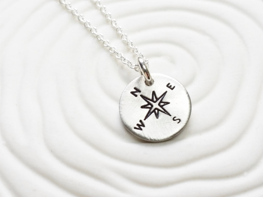 Itty Bitty Jewelry - Hand Stamped Compass or Image Necklace - Dainty Disc Necklace -Traveler's Neckace - Tiny Disc Necklace - Gift for Her -