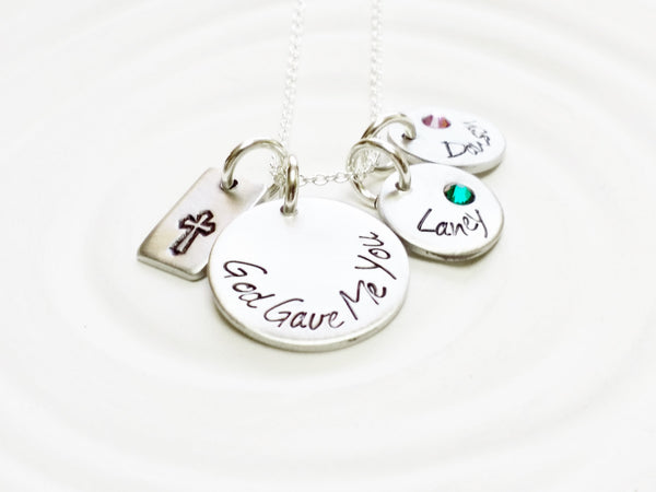 God Gave Me You - Personalized Jewelry - Birthstone Child's Name Necklace- Hand Stamped Jewelry - Mother's Necklace - Cross - Crucifix