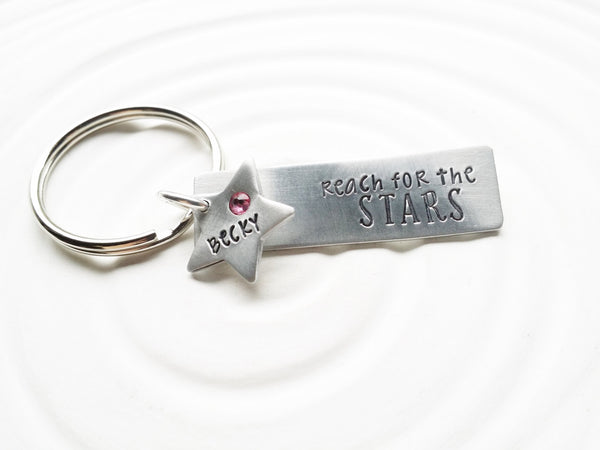 Reach for the Stars - Hand Stamped, Personalized Keychain - Inspirational Gift - Star Keychain - Birthstone and Name Keychain - Gift for Her