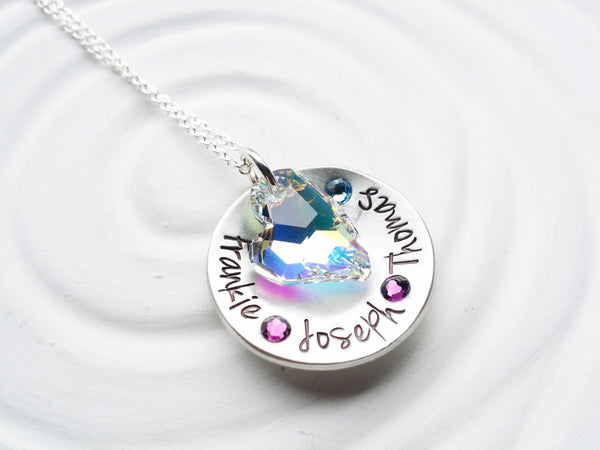 Birthstone Mother's Necklace - Heart Necklace - Personalized Jewelry -Hand Stamped Child's Name Necklace -Grandmother Necklace -Gift for Mom
