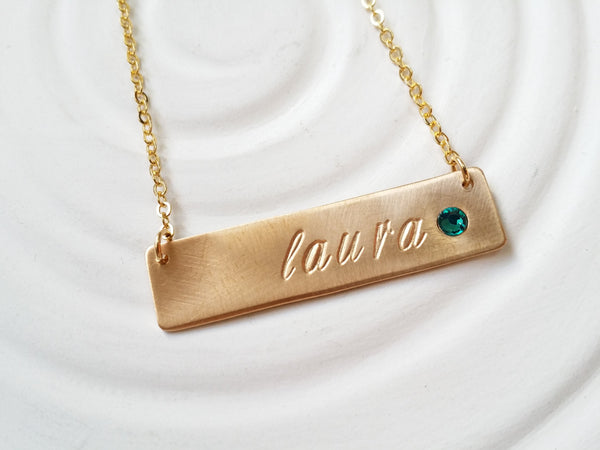 Gold Tone Birthstone Bar Necklace -Hand Stamped -Personalized Jewelry -Mother's Necklace -ID Bar Necklace -Birthstone Necklace -Gift For Her
