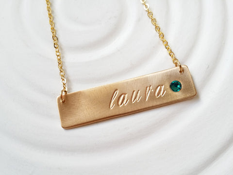 Birthstone Bar Necklace | Gold Tone Name and Birthstone Bar | Personalized Jewelry