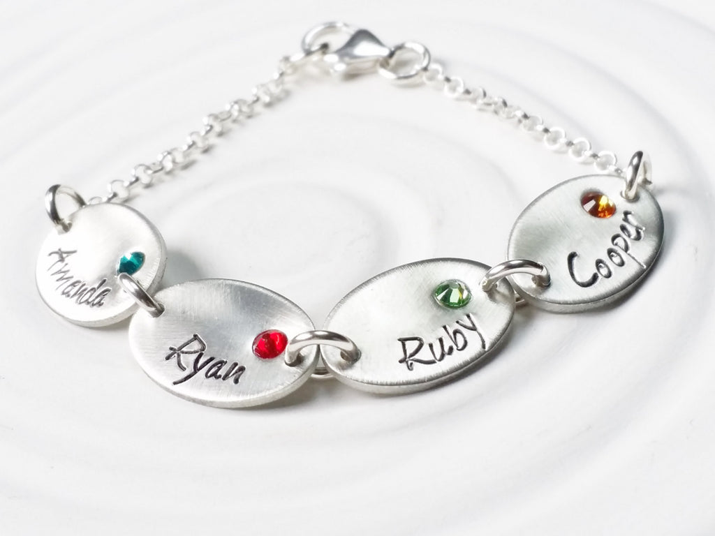 Oval Name Bracelet - Personalized Hand Stamped Charm Bracelet - Name and Birthstone Mother's or Grandmother's Bracelet - Mother's Day Gift