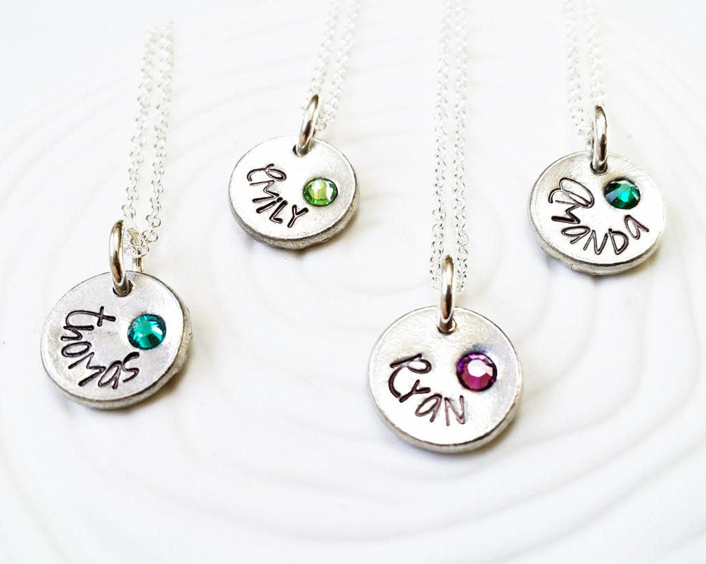 Birthstone Mother's Necklace- Hand Stamped, Personalized Mother's Jewelry - Stamped Birthstone Name Necklace - 1 to 4 Charms