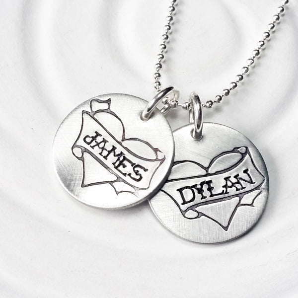 Tattoo Heart Banner Necklace - Mother's Necklace - Tattoo Jewelry - Name Necklace - Tattoo Name Necklace - Valentine's Day Gift