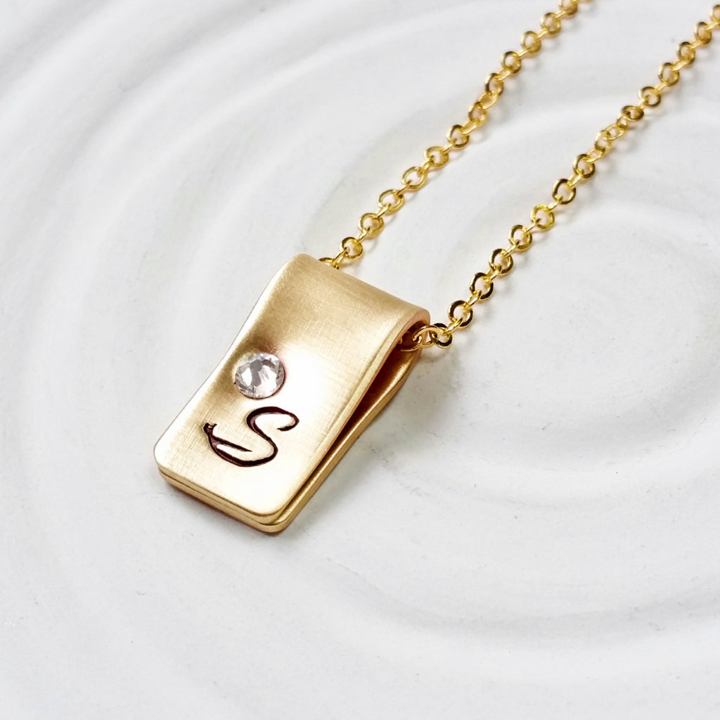 Birthstone Initial Necklace -Gold Initial Fold Over Necklace -Mother's Necklace- Gold Tone Hand Stamped Jewelry-Personalized Jewelry