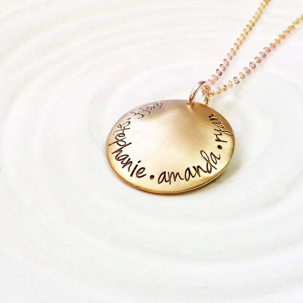 Gold Tone Domed Family Necklace - Hand Stamped - Personalized Jewelry - Family Necklace - Mother's Necklace - Grandmother's Necklace