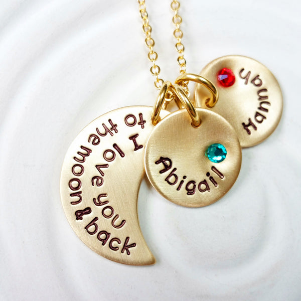 I Love You To The Moon & Back - Personalized Jewelry - Child's Name Necklace - Birthstone Mother's Necklace - Gift for Mom or Grandmother